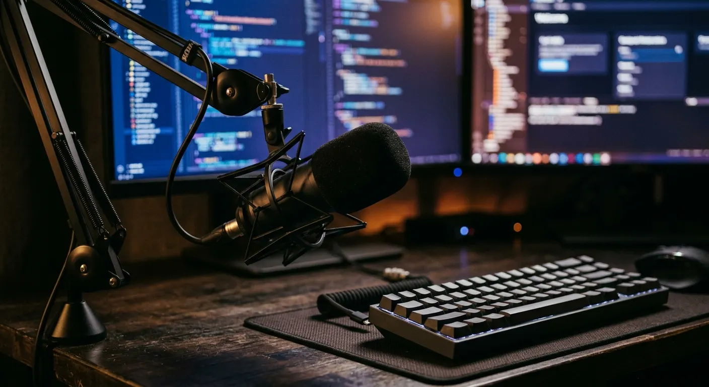 A studio microphone on a boom arm next to a mechanical keyboard on a developer desk